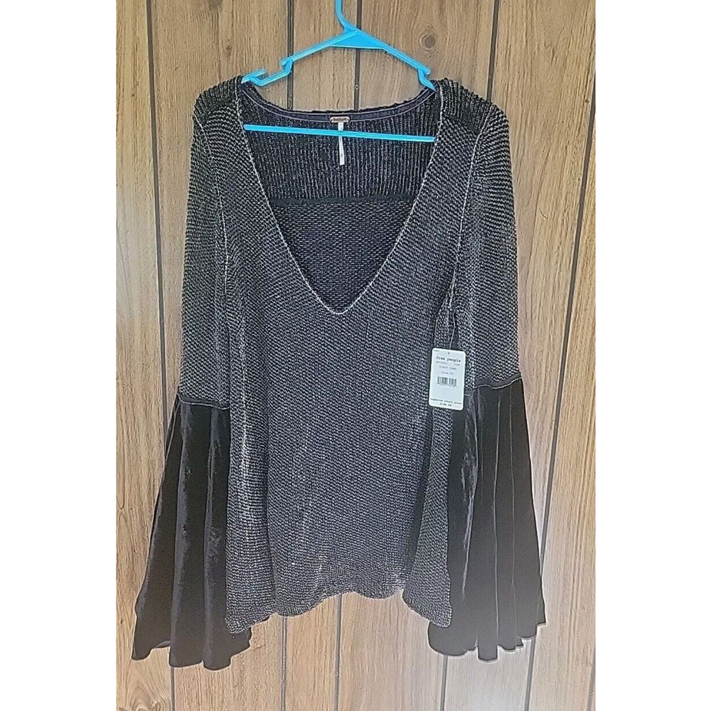 Free People Black Metallic Knit Scoop Neck Sweater with Velvet Bell Sleeves